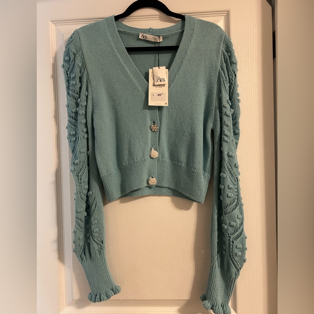 Zara Women's Teal Cardigan with Textured Sleeves